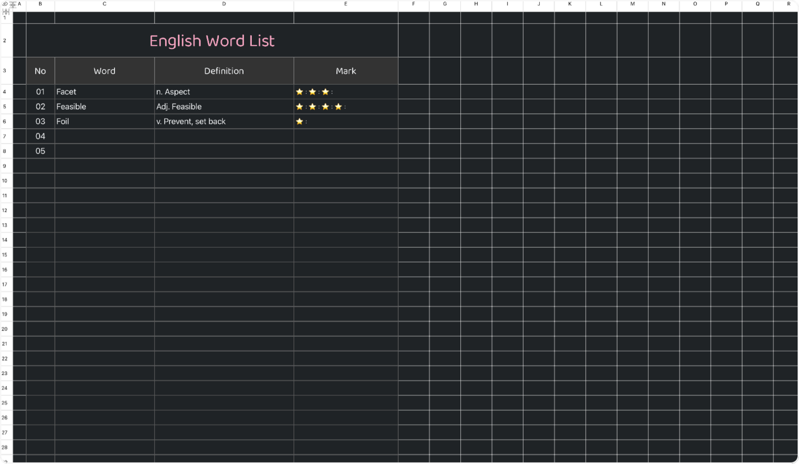 Black- English word list 1